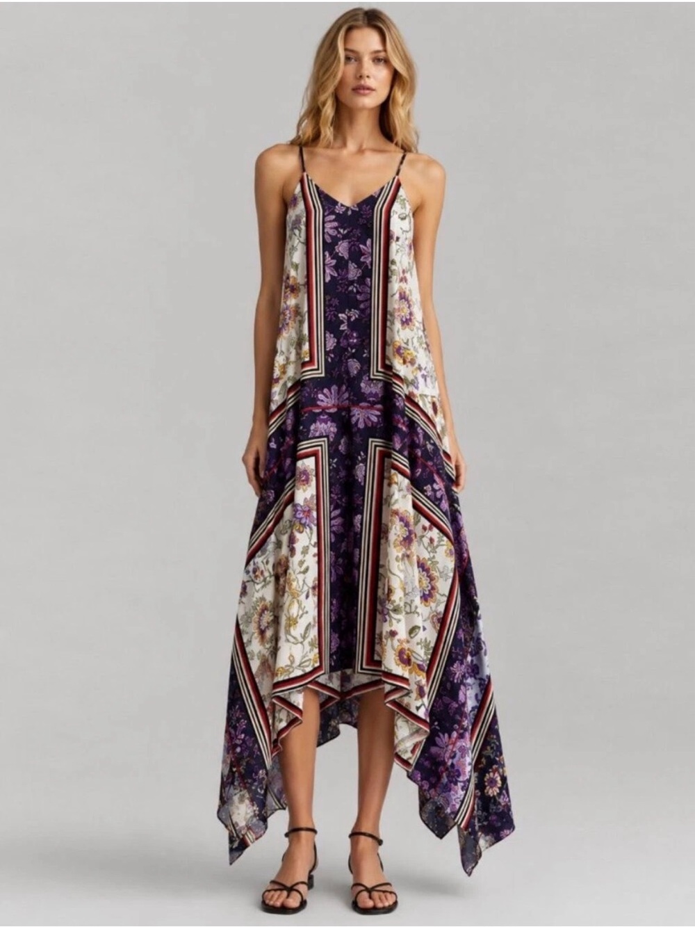 Nanette Lepore Purple Floral Asymmetrical Handkerchief Dress Sz 14 NWT/0301